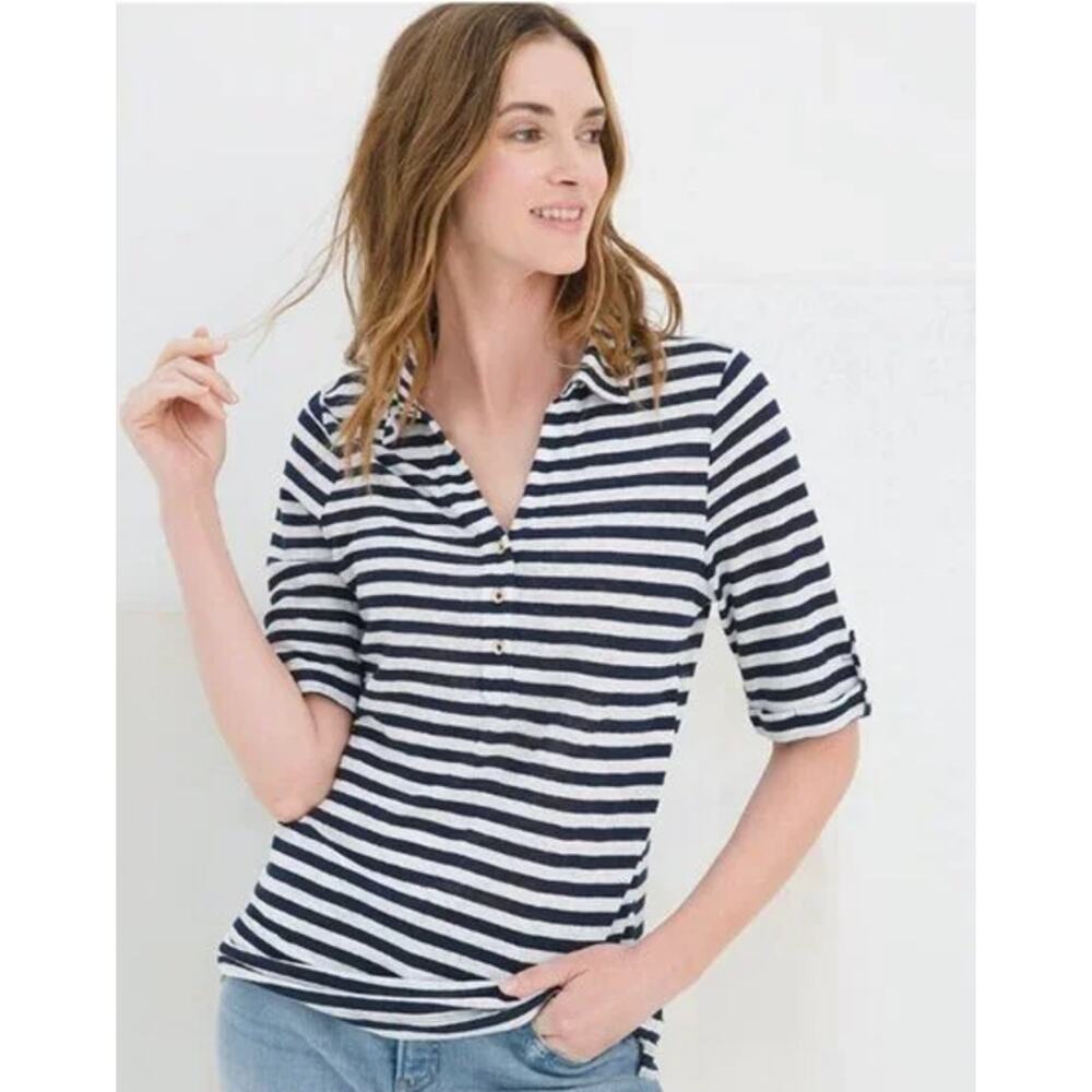 Chico's Size 3 Striped Linen Utility Tee Black White Roll Tab Sleeve Half Button